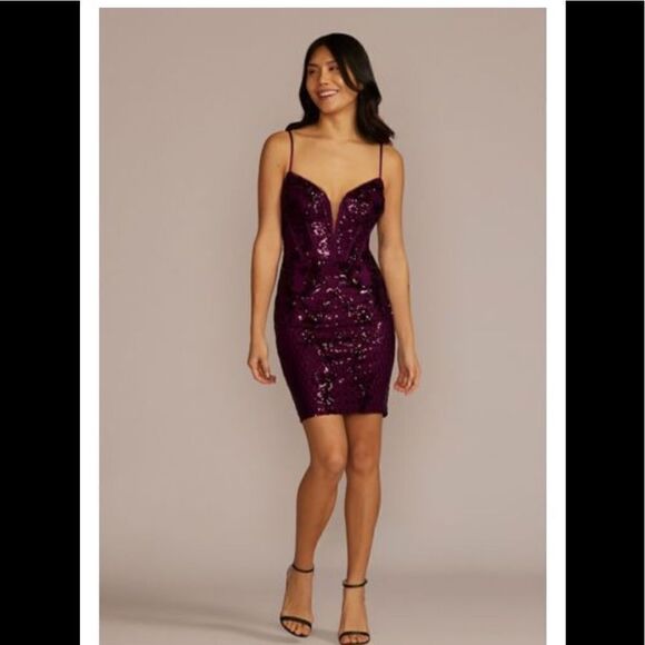 David's Bridal Dresses & Skirts - DB studio pattern sequin illusion plunge dress